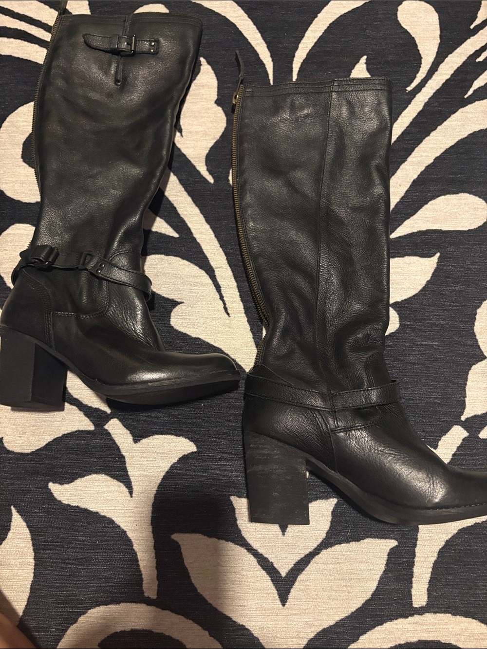 Women's Black Leather Block Heel Boots